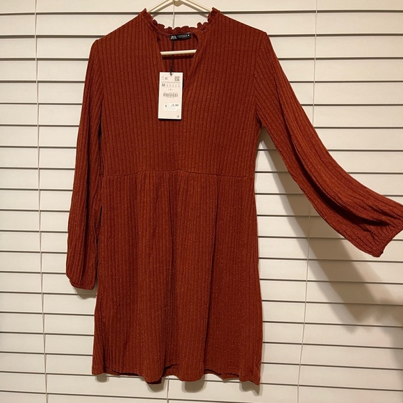NWT Zara brown textured weave long sleeve dress M - Picture 5 of 5